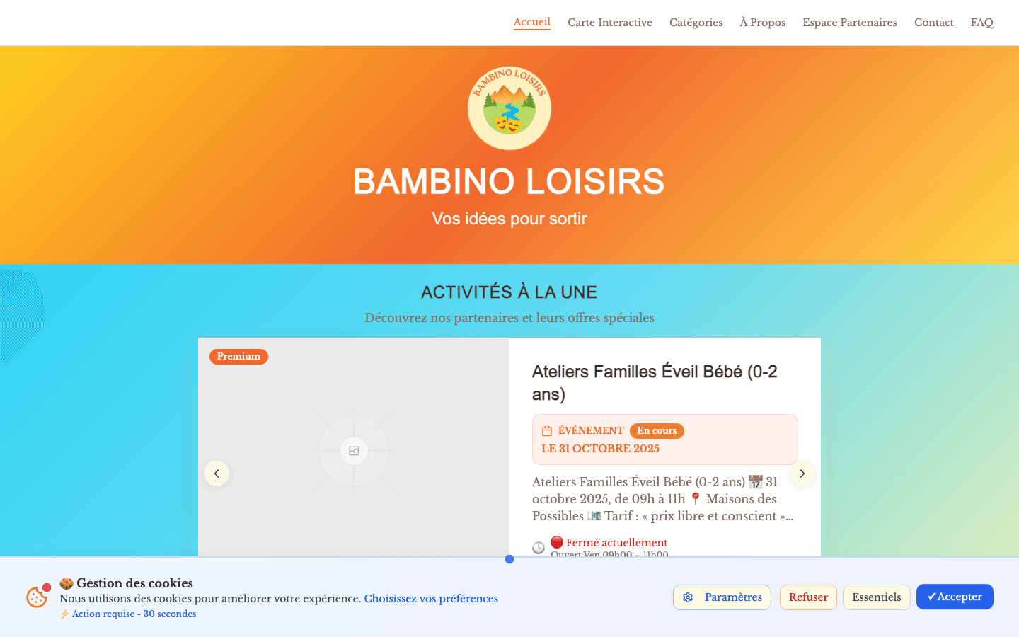 Screenshot of a kids activities website with a map and activity cards. - Home Page