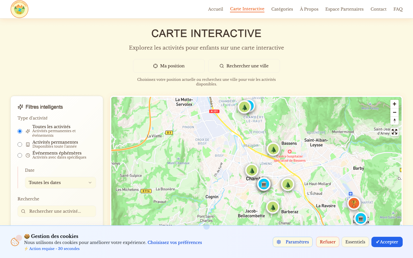 Screenshot of a kids activities website with a map and activity cards. - Interactive Map